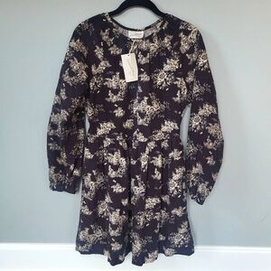 Universal Thread Size XS Mini Dress Floral Black Cream Corduroy Long Sleeve NWT